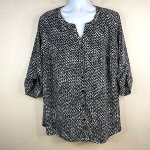 Catherines Womens Tunic Top Size 3X Black Geometric Casual Office Button Up Knit